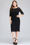 Bateau Tea Length Mermaid Plus size Lace Black Evening Dresses with sleeves