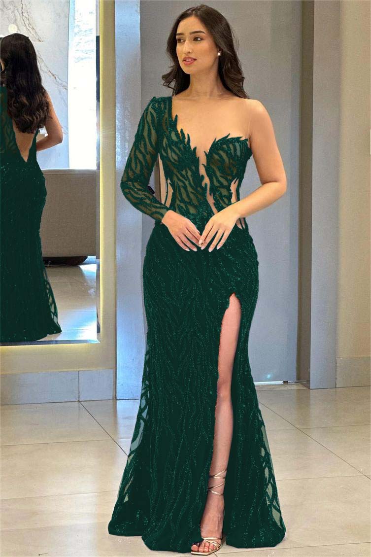 One Shoulder One Long Sleeve Backless Mermaid Split Formal Dress With Appliques