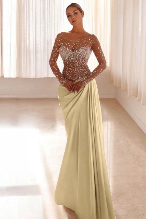 Jewel Neck Long Sleeves Long Mermaid Formal Dress With Pleated