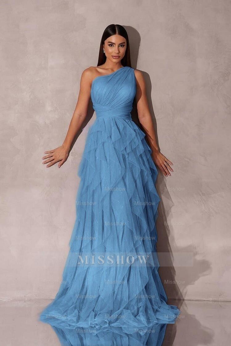 Chic One Shoulder Sleeveless Long Formal Dress With Tulle Ruffle