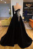 Beading Sweetheart A-line Black Prom Dress With One Sleeve-misshow.com