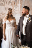 Beautiful A-line Boho Off-the-shoulder Wedding Dresses With Lace-misshow.com