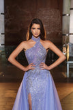 Beautiful A-line Halter Sequined Sleeveless Prom Dress With Side Slit-misshow.com