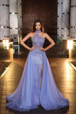 Beautiful A-line Halter Sequined Sleeveless Prom Dress With Side Slit-misshow.com