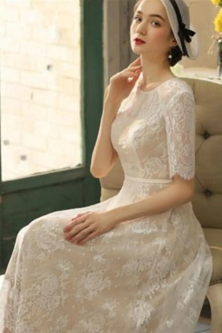 Beautiful A-line Lace Short Wedding Dresses With 3/4 Sleeves-misshow.com