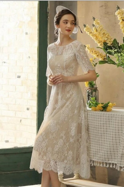 3 4 sleeve wedding dress short Elegant 3/4 Sleeve Tea-Length Wedding Dress With Tulle Overskirt Dusty Blue / Overskirt
