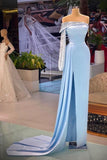 Beautiful A-line Off-the-shoulder Long Sleeve Prom Dresses With Glitter-misshow.com
