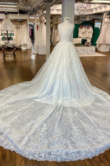 Beautiful A-Line Spaghetti Straps Appliques Wedding Dresses With Lace-misshow.com
