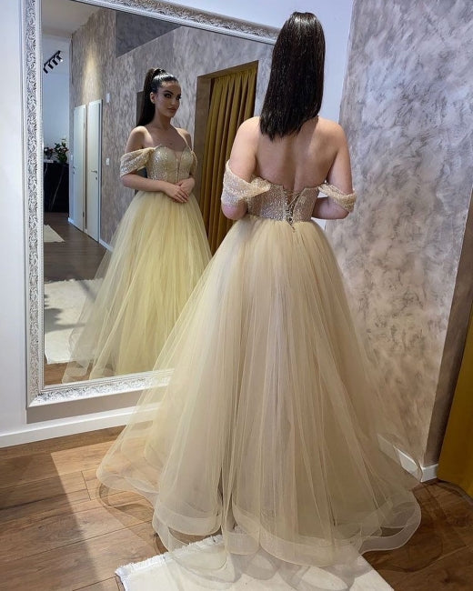 Beautiful A-line Tulle Off-the-shoulder Wedding Dresses-misshow.com