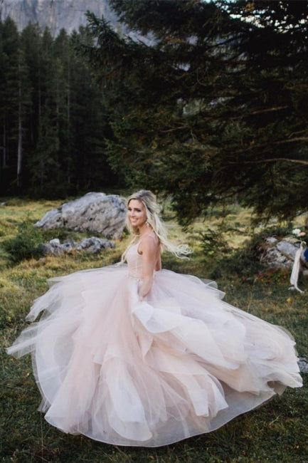 Beautiful A-line V-neck Backless Tulle Sleeveless Wedding Dresses-misshow.com