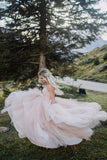 Beautiful A-line V-neck Backless Tulle Sleeveless Wedding Dresses-misshow.com