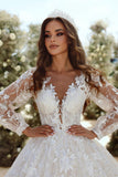 Beautiful A-line V-neck Lace Appliques Tulle Wedding Dress With Long Sleeves-misshow.com