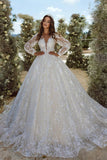 Beautiful A-line V-neck Lace Appliques Tulle Wedding Dress With Long Sleeves-misshow.com