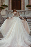 Beautiful A-Line V-neck Lace Long Sleeves Mermaid Wedding Dresses With Detachable Train-misshow.com