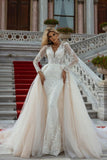 Beautiful A-Line V-neck Lace Long Sleeves Mermaid Wedding Dresses With Detachable Train