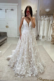 Beautiful A-line V-neck Spaghetti Straps Appliques Wedding Dress With Lace-misshow.com