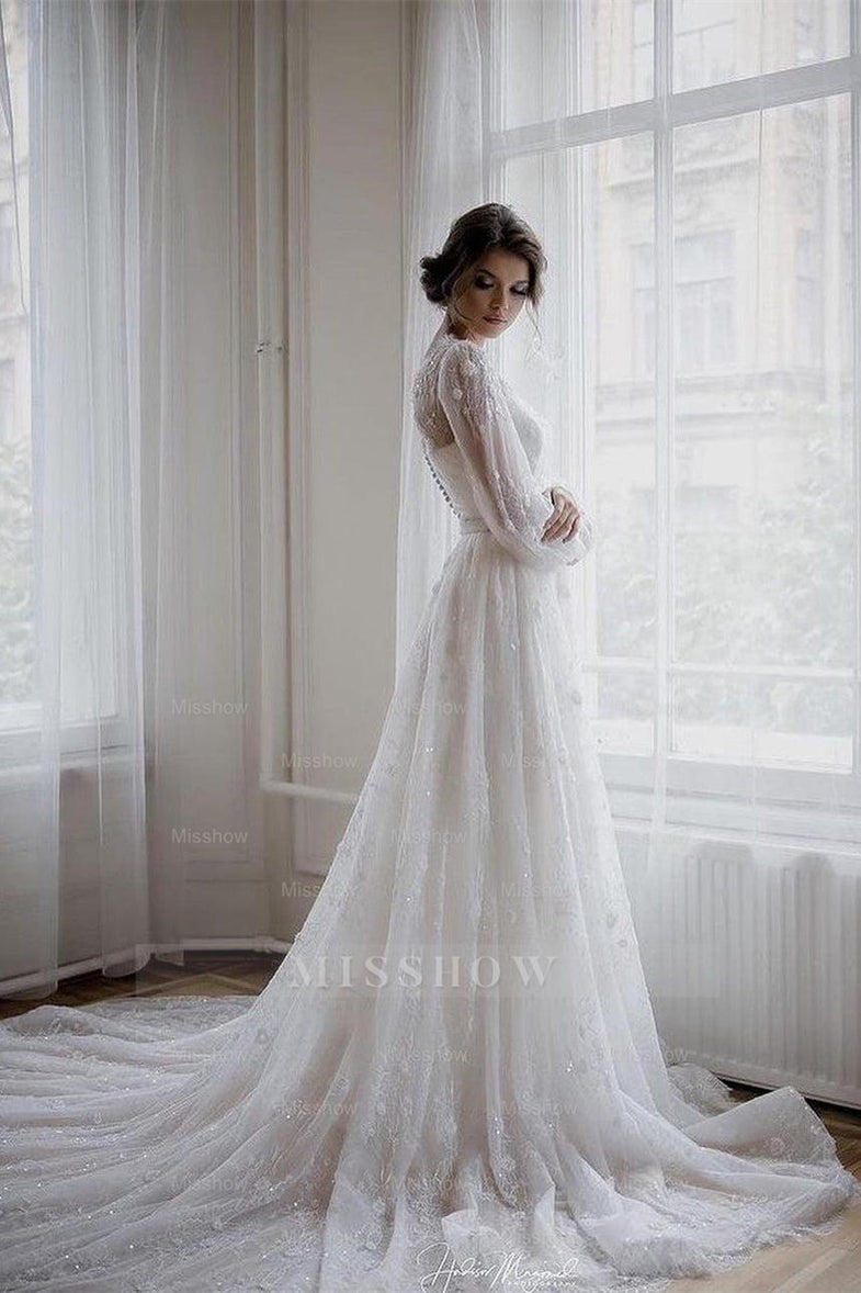 knee length dresses for ladies Tulle Lace Long Sleeves Rustic Wedding Dresses With Detachable Satin, MW860
