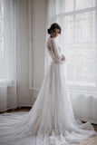 Beautiful A-line White Long Sleeves Lace Appliques Wedding Dress-misshow.com