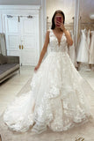 Beautiful A-line White V-neck Appliques Sleeveless Wedding Dress With Train-misshow.com