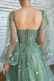 Beautiful Ankle Length A-line Long Sleeves Floral Prom Dress-misshow.com