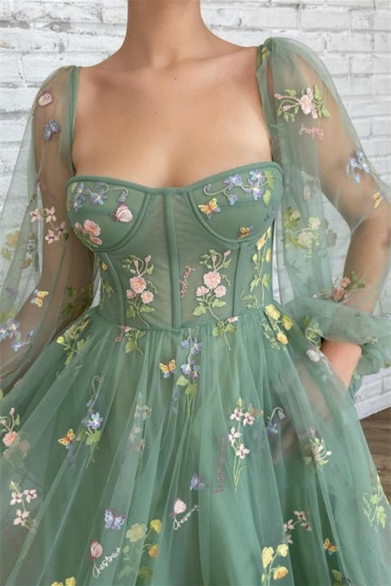 Beautiful Ankle Length A-line Long Sleeves Floral Prom Dress-misshow.com