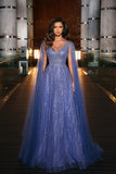 Beautiful Blue Long A-line V-neck Beading Evening Dress With Ruffles