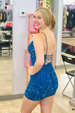 Beautiful Blue V-neck Spaghetti Straps Sleeveless Short Homecoming Dresses With Lace-misshow.com