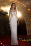 Beautiful Column White Sequined Long Sleeves Wedding Dress With Beads-misshow.com