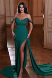 Beautiful Dark Green Sequined Off-the-shoulder Mermaid Prom Dress With Slit-misshow.com