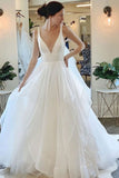 Beautiful Deep V-Neck Sleeveless Tulle Wedding Dress with Ruffless