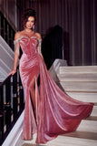 Beautiful Dusty Rose Off-the-shoulder Glitter Mermaid Prom Dress With Slit-misshow.com
