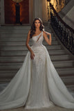 Beautiful Floor Length Sleeveless Mermaid Sequined Wedding Dress with Lace