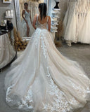 Beautiful Floor Length Sleeveless Straps A-Line Lace Wedding Dress with Split-misshow.com