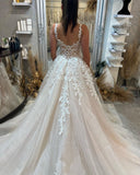 Beautiful Floor Length Sleeveless Straps A-Line Lace Wedding Dress with Split-misshow.com