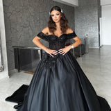 Beautiful Floor Length Sweetheart Off-The-Shoulder A-Line Satin Black Prom Dress with Beads-misshow.com
