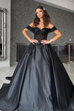 Beautiful Floor Length Sweetheart Off-The-Shoulder A-Line Satin Black Prom Dress with Beads-misshow.com
