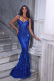 Beautiful Floor Length Sweetheart Sleeveless Spaghetti Straps Mermaid Sequined Prom Dress with Fur-misshow.com