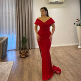 Beautiful Floor Length V-Neck Off-The-Shoulder Mermaid Ruby Prom Dress with Split-misshow.com