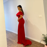 Beautiful Floor Length V-Neck Off-The-Shoulder Mermaid Ruby Prom Dress with Split-misshow.com