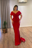 Beautiful Floor Length V-Neck Off-The-Shoulder Mermaid Ruby Prom Dress with Split