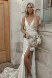 Beautiful Floral Lace Mermaid Sleeveless V-Neck Side Slit Wedding Dress-misshow.com