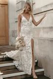 Beautiful Floral Lace Mermaid Sleeveless V-Neck Side Slit Wedding Dress-misshow.com