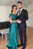 Beautiful Green Long Beading Long Sleeves Prom Dress With Slit-misshow.com