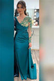 Beautiful Green Long Beading Long Sleeves Prom Dress With Slit