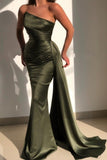 Beautiful Green Strapless Sleeveless Mermaid Floor-Length Prom Dresses with Ruffles-misshow.com