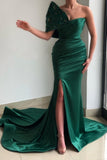 Beautiful Green Strapless Sleeveless Mermaid Floor-Length Satin Prom Dresses with Ruffles-misshow.com