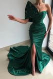 Beautiful Green Strapless Sleeveless Mermaid Floor-Length Satin Prom Dresses with Ruffles
