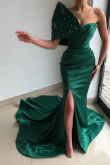Beautiful Green Strapless Sleeveless Mermaid Floor-Length Satin Prom Dresses with Ruffles-misshow.com