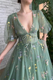 Beautiful Green V-neck A-line Appliques Prom Dress-misshow.com