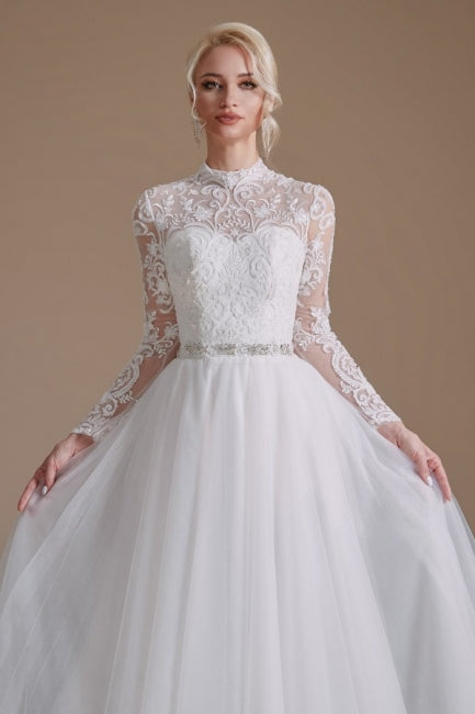 Beautiful Jewel Long-Sleeve A-Line Floor-Length Wedding Dresses with Pattern-misshow.com